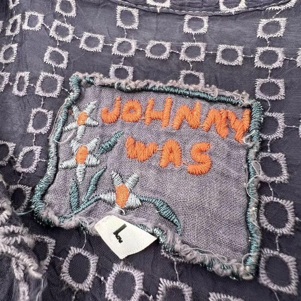 Johnny Was Sheer Floral Embroidered Eyelet Blouse Boho Purple Button Up Sz Large - Picture 4 of 8